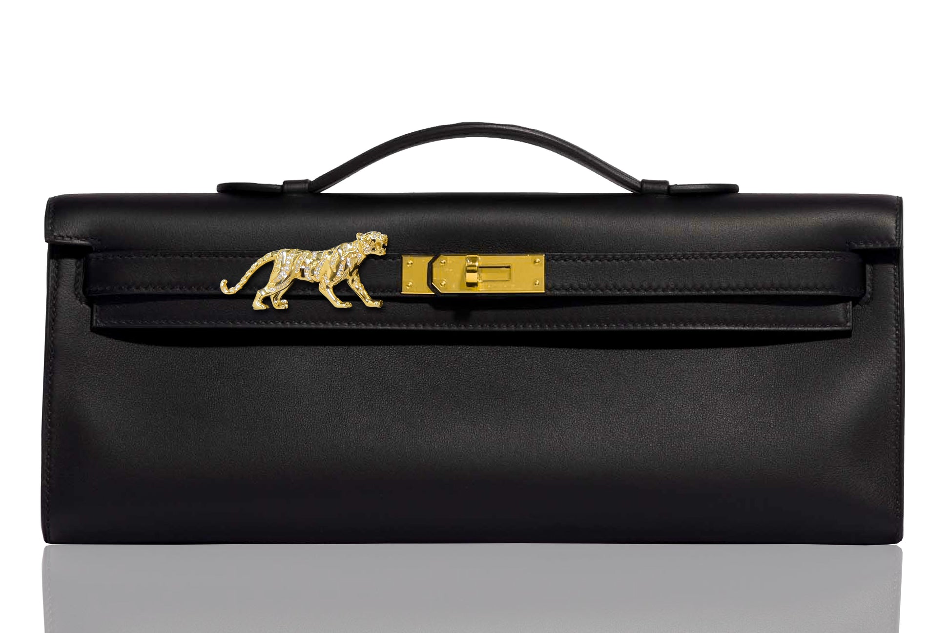 Black handbag with gold accents and a gold panther emblem on a white background, collection-preview