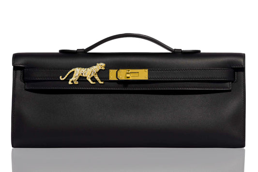 Black handbag with gold accents and a gold panther emblem on a white background, collection-preview