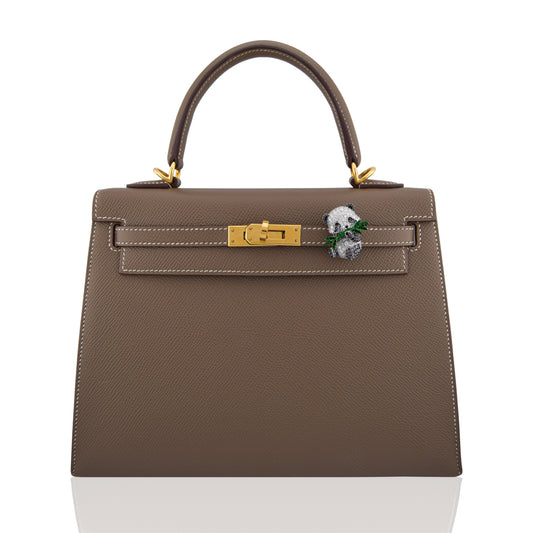 Brown handbag with a gold clasp and green brooch on a white background, collection-preview