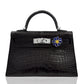 Black crocodile skin handbag with a decorative clasp on a white background, collection-preview