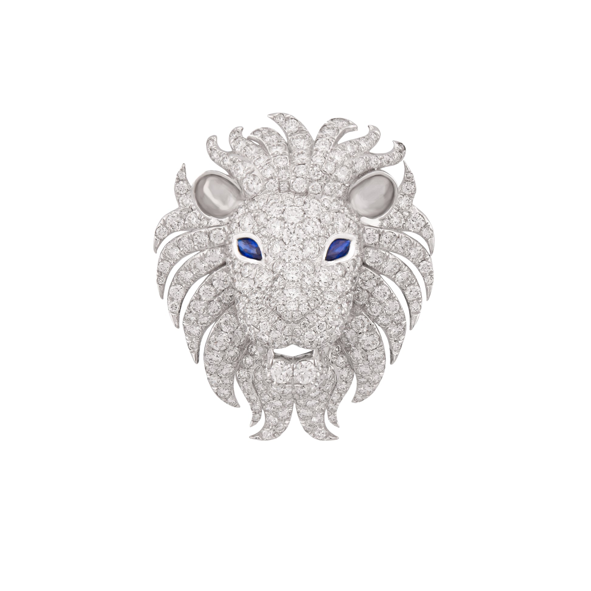 Lion head jewelry piece with diamond details on a white background