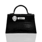 Black crocodile skin handbag with silver lion clasp on a white background, collection-preview