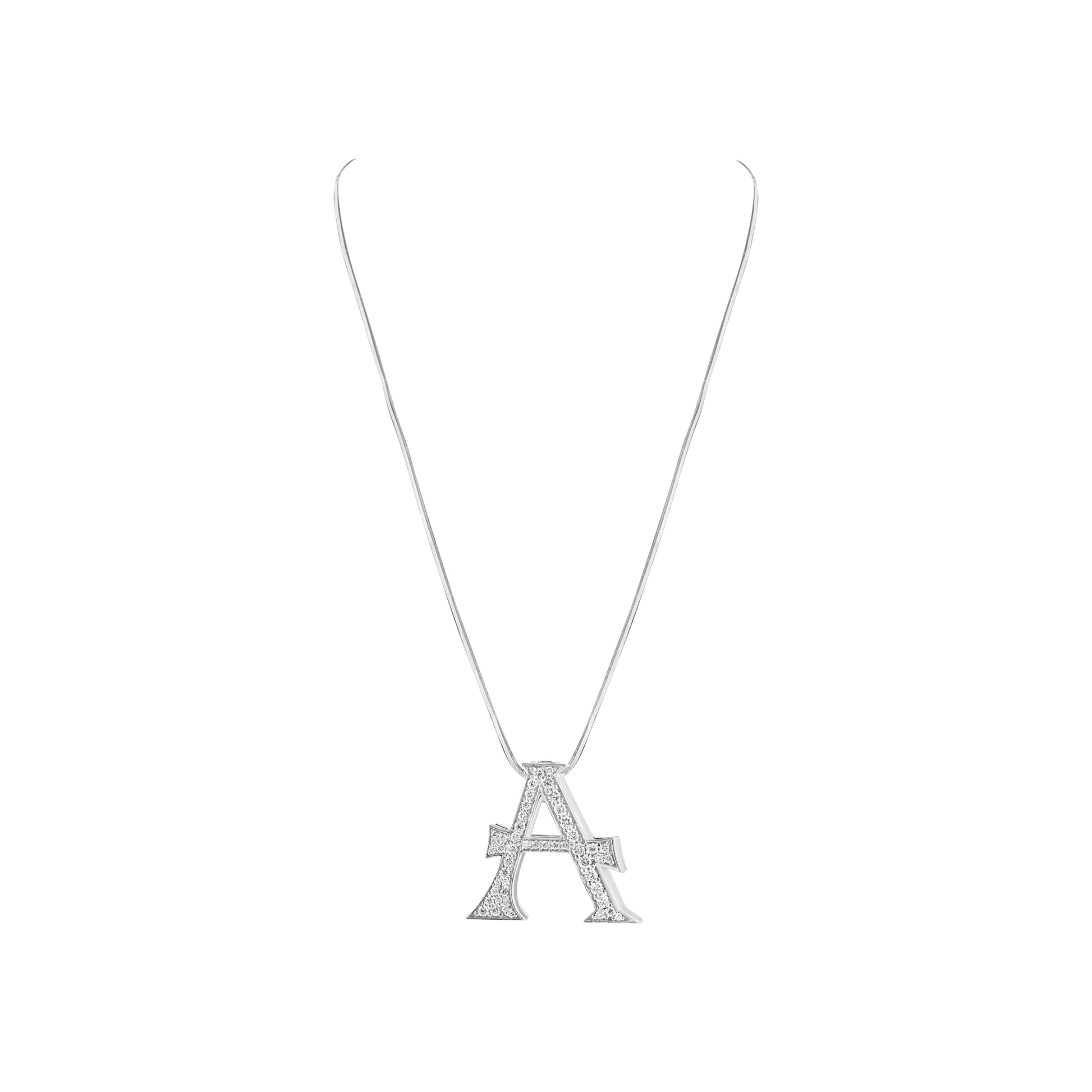 Silver necklace with a letter 'A' pendant on a white background