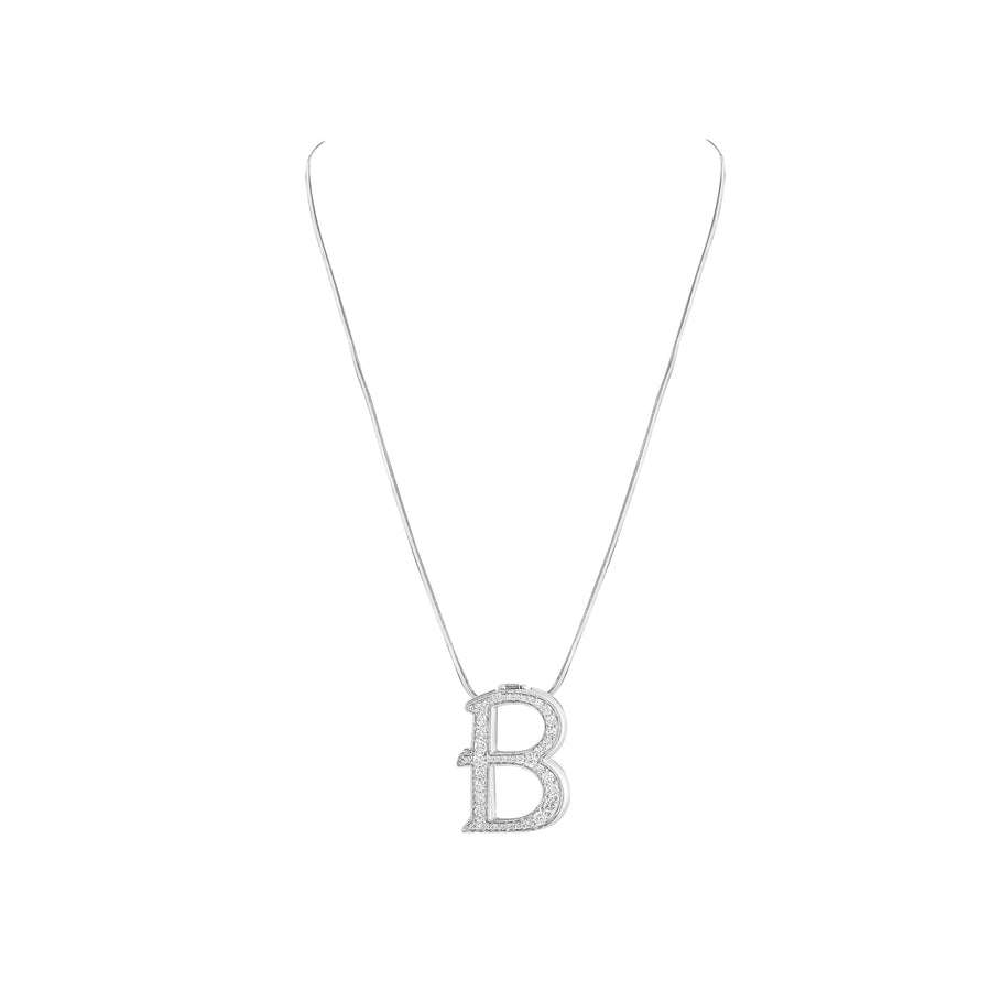 Silver necklace with a 'B' pendant on a white background