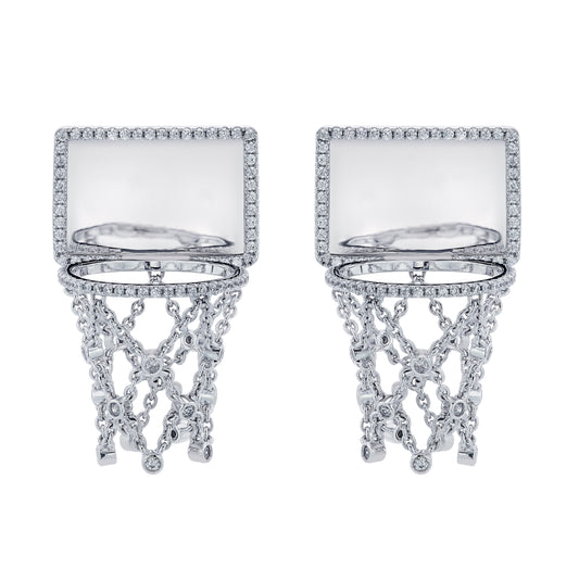 Basketball Hoop Earrings – Diamond Border Backboard – White Gold