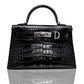 A black handbag with a crocodile pattern and a metallic clasp, resembling a 'D' shaped hardware, typically seen on luxury leather handbags, collection-preview.