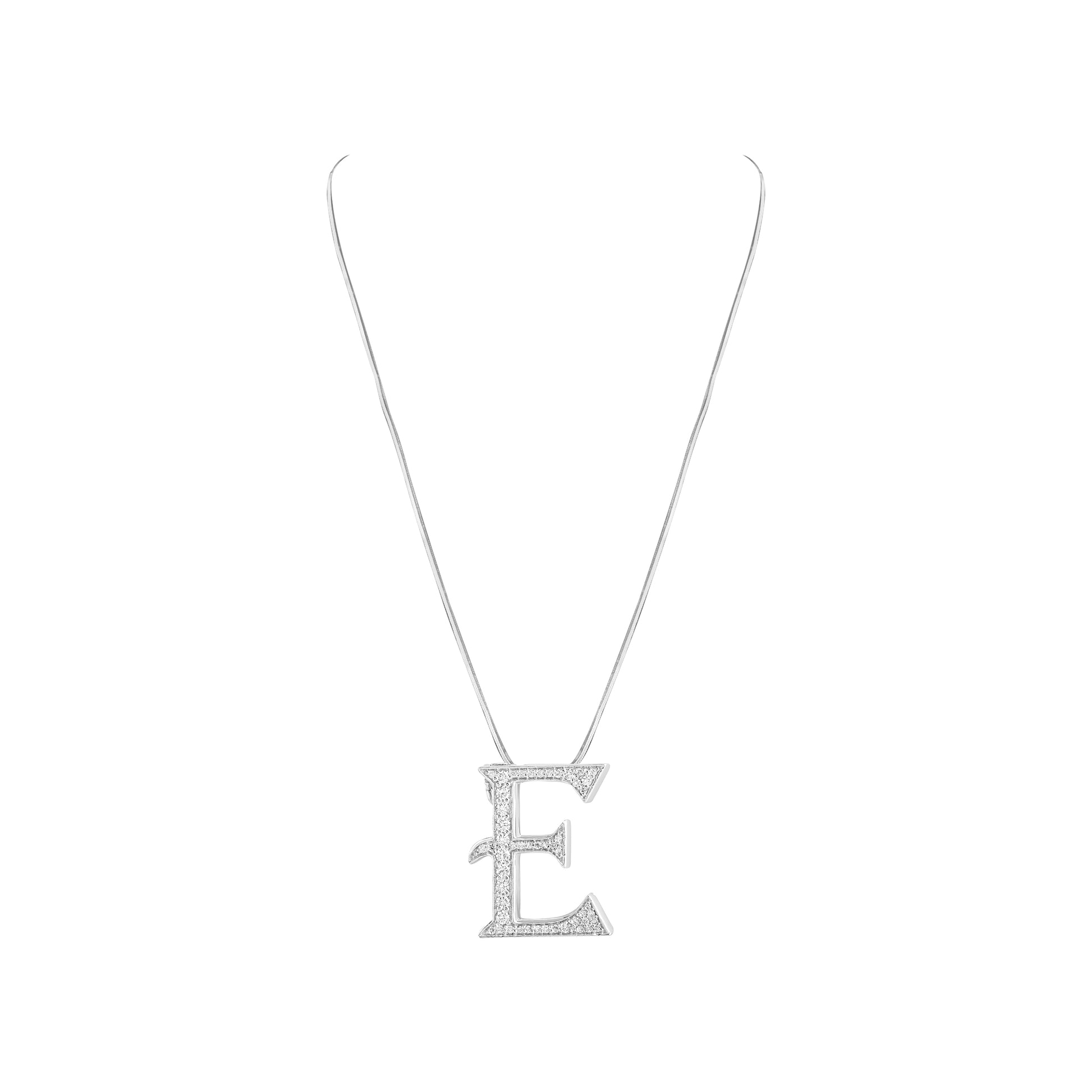 Silver necklace with a 'E' pendant on a white background