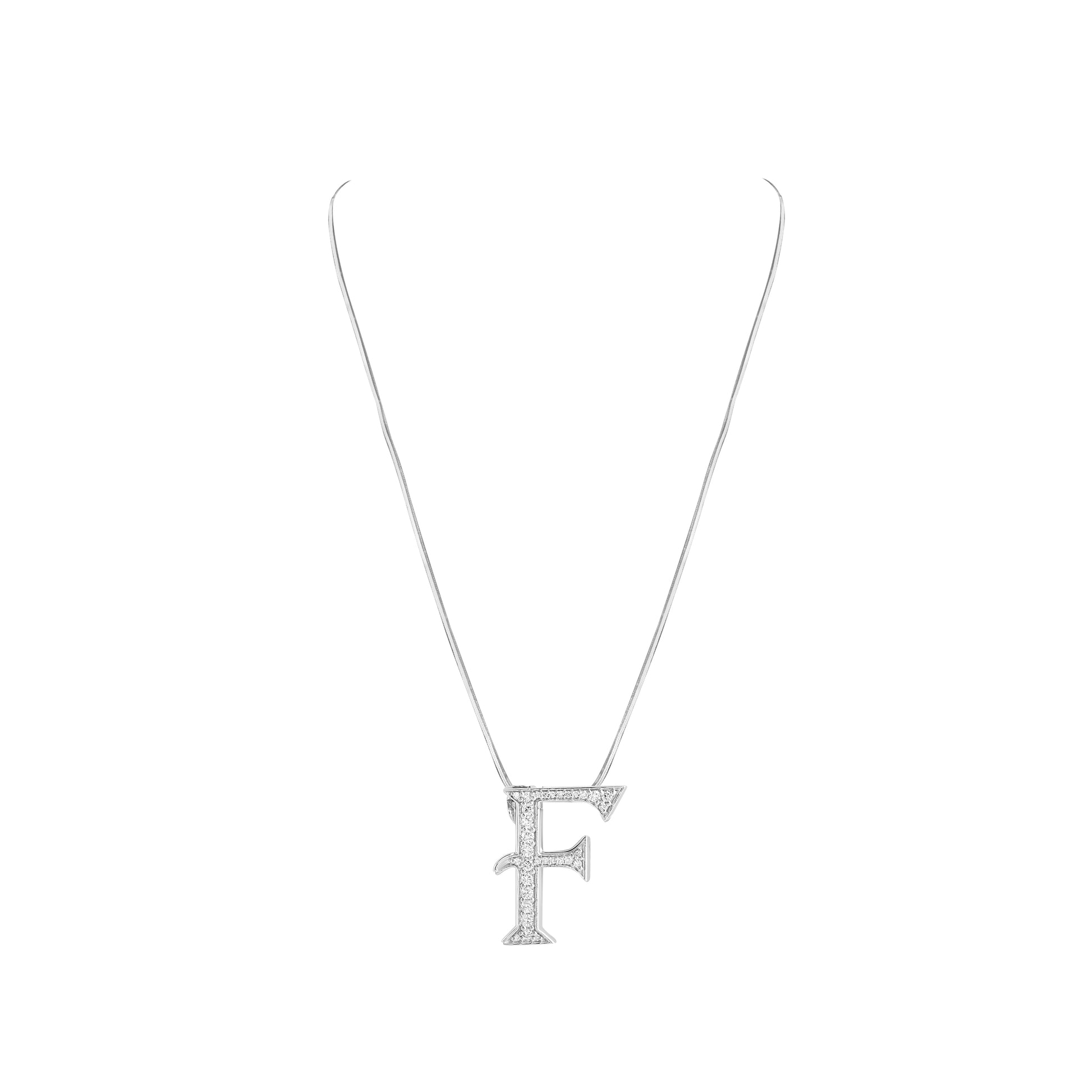 Silver necklace with a letter 'F' pendant on a white background
