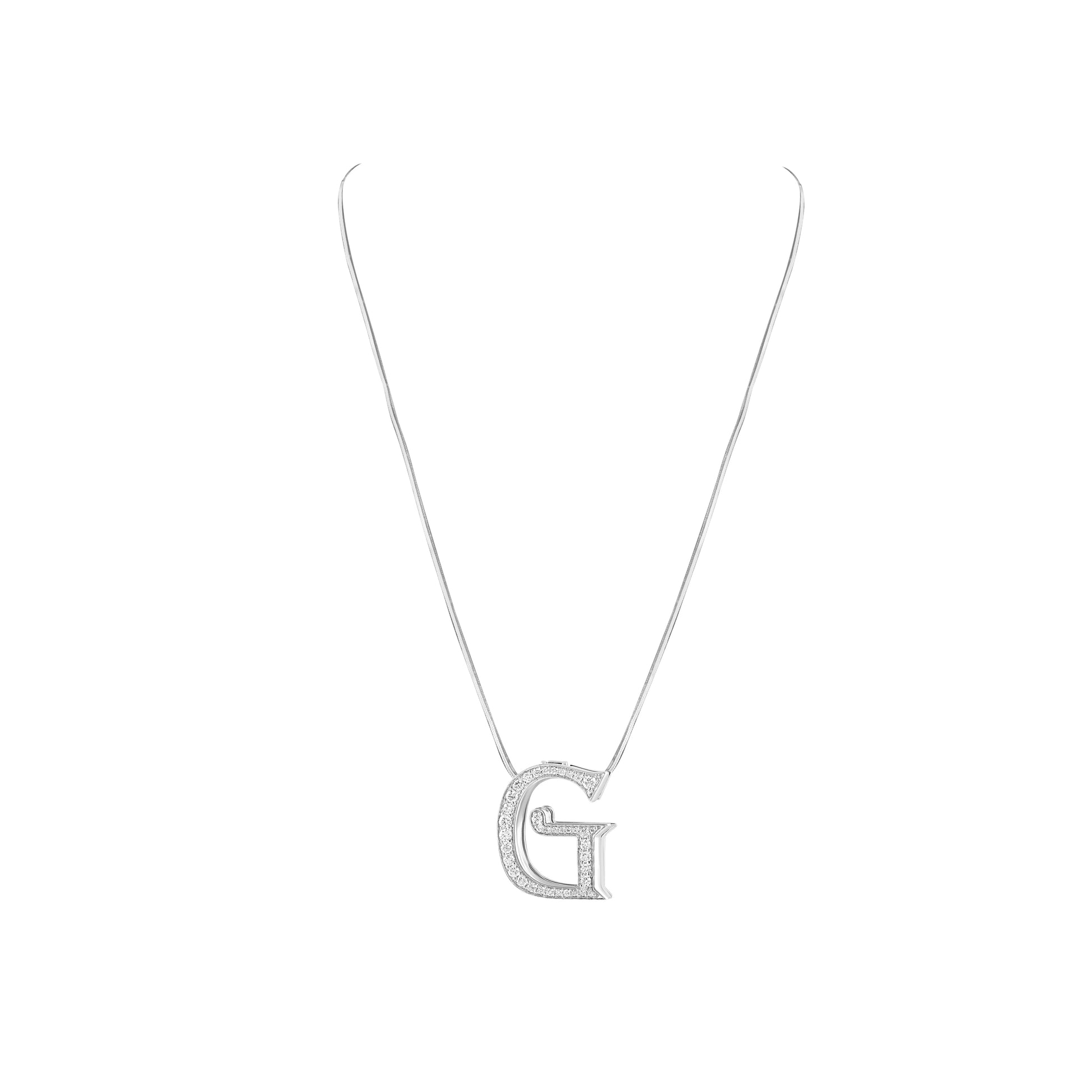 Silver necklace with a letter 'G' pendant on a white background