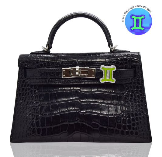 Black crocodile skin handbag with a silver clasp and green emblem on a white background, collection-preview.