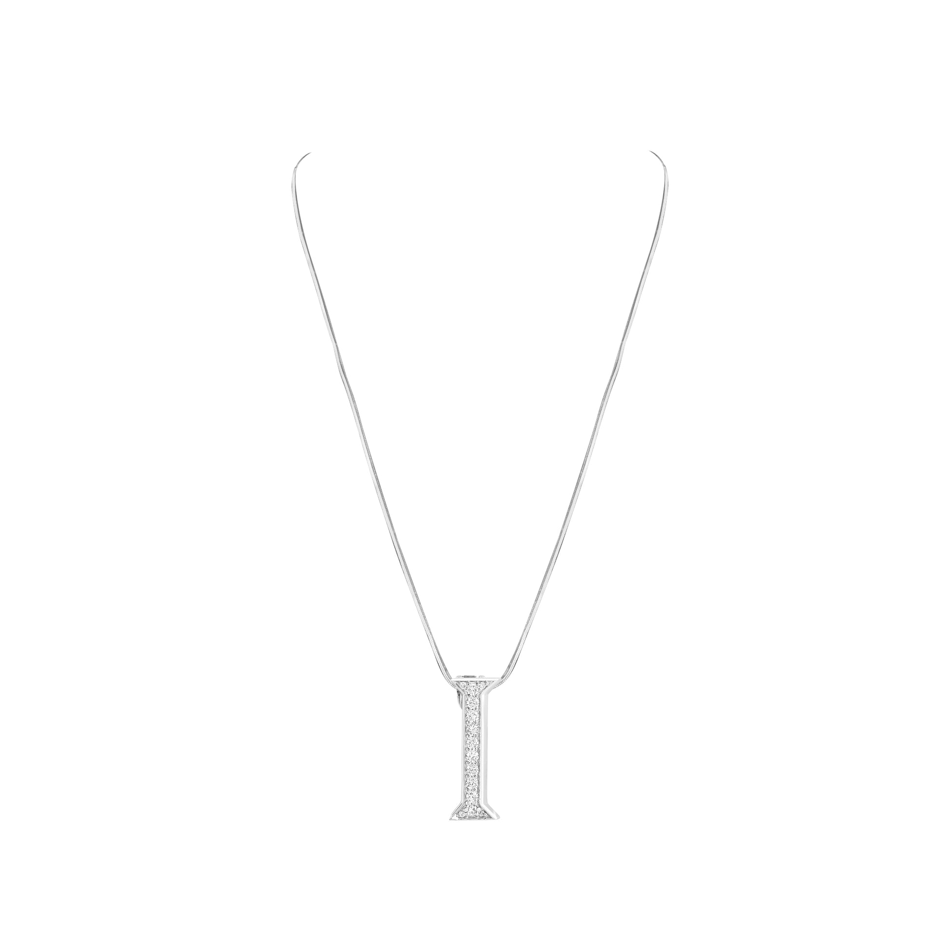Silver necklace with a 'I' pendant on a white background