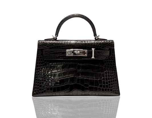 A luxurious handbag with a black exterior and metallic hardware, featuring a crocodile pattern, collection-preview.