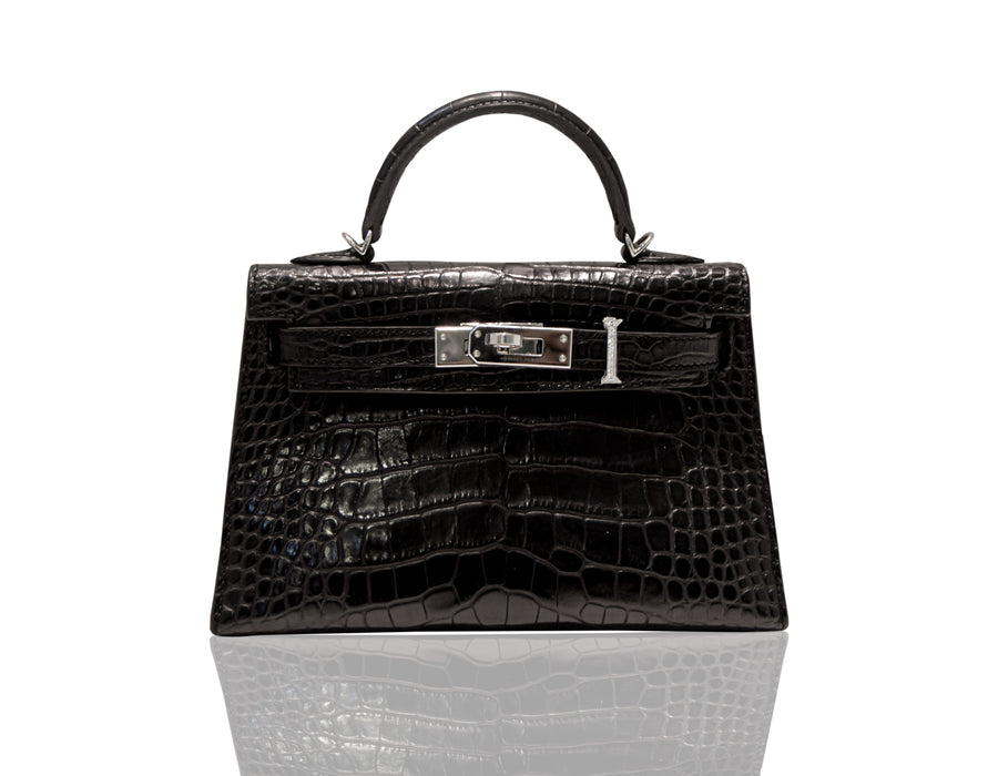 A luxurious handbag with a black exterior and metallic hardware, featuring a crocodile pattern, collection-preview.