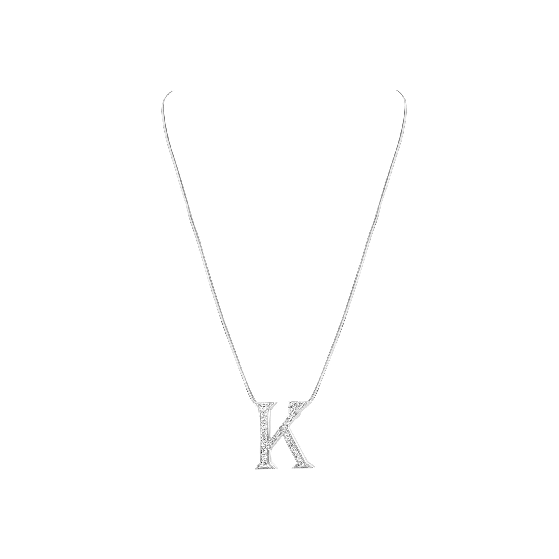 Silver necklace with a 'K' pendant on a white background