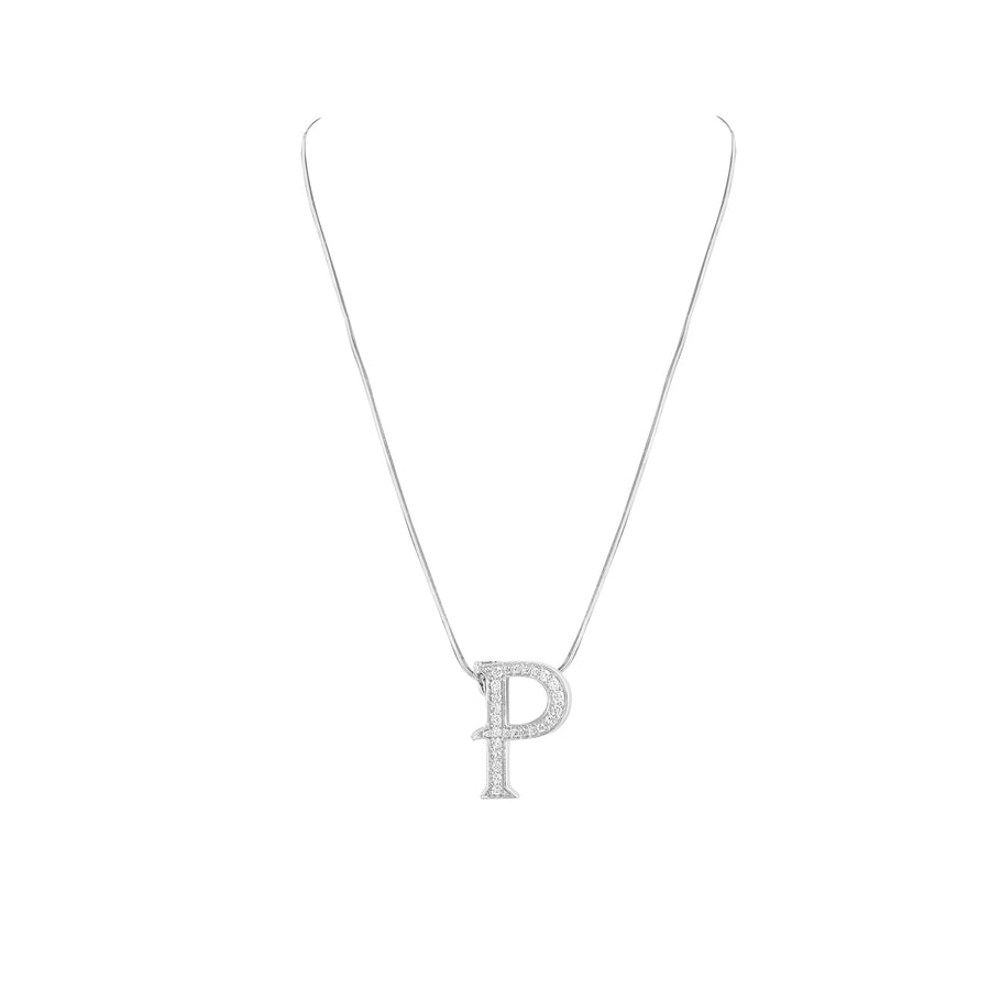 Silver necklace with a letter 'P' pendant on a white background
