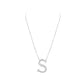 Silver necklace with a letter 'S' pendant on a white background