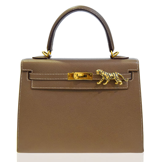 Brown handbag with gold hardware and tiger clasp on a white background, collection-preview