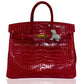 Red crocodile skin handbag with gold clasp on white background, collection-preview
