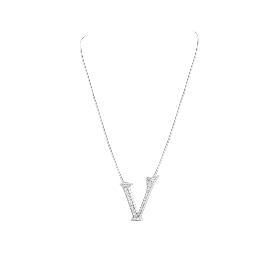 Silver necklace with a V-shaped pendant on a white background