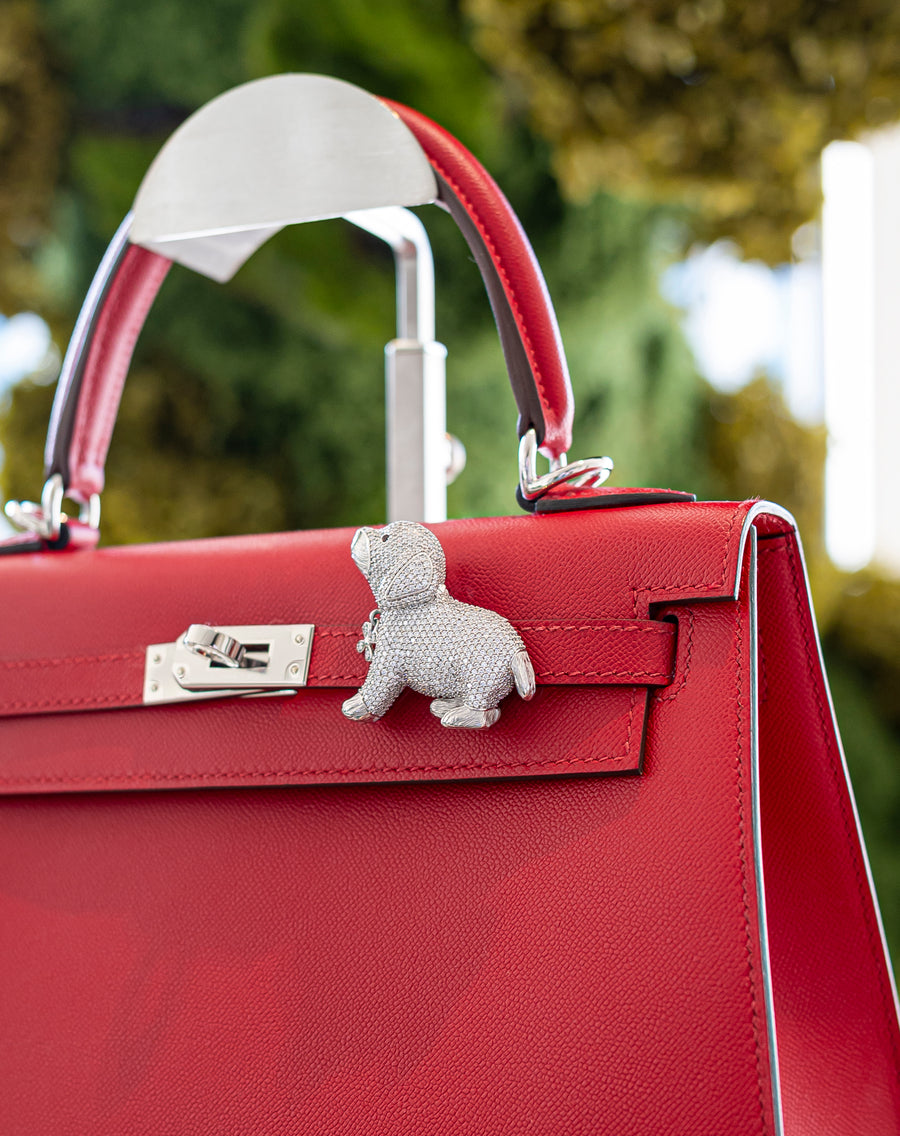 Red kelly with a silver dog charm a